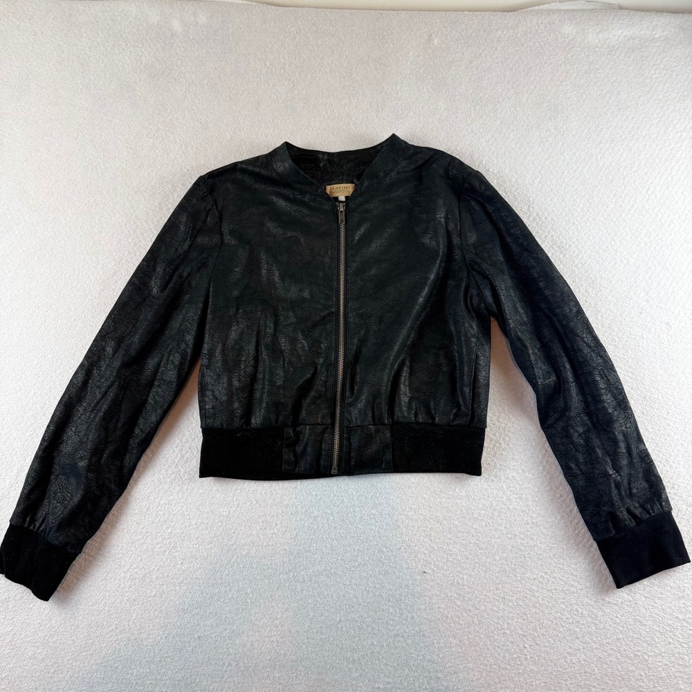 Piko 1988 Womens Black Faux Leather Bomber Jacket Textured Zip Up Crop L